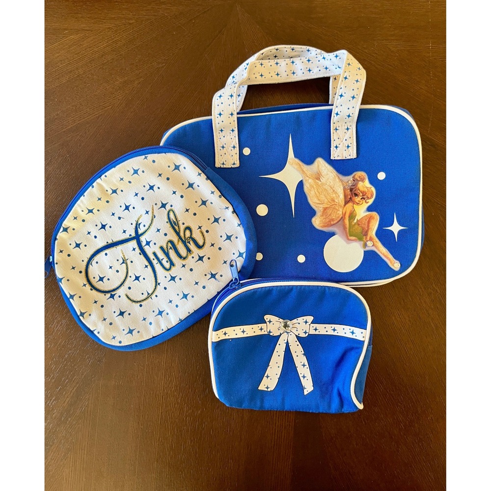 Disney Tinker Bell 3pc Travel Set Kids OS Blue Excellent Canvas Cosmetic Bags